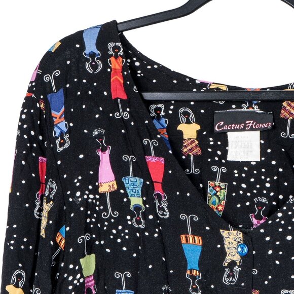 Cactus Flower VTG Fashion Blouse XL Womens Button Up Black Models Rayon USA - Picture 2 of 5